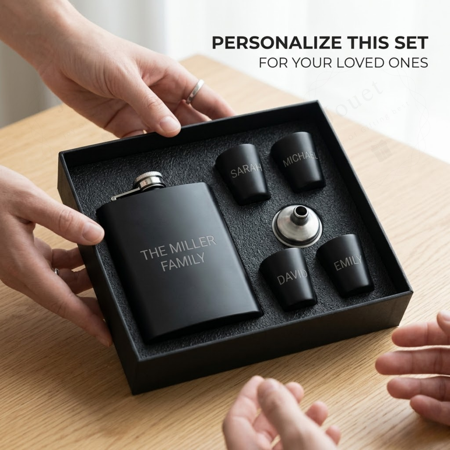 Personalised Engraved Hip Flask Gift Set, Stainless Steel, Matte Black, 240 ml, with 4 Shot Glasses and Funnel