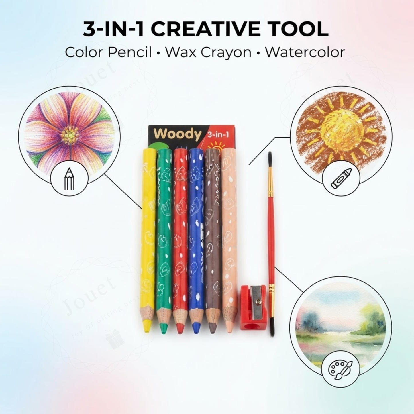Kids 3-in-1 Watercolor Pencil Set | 6 Colors with Paintbrush & Sharpener