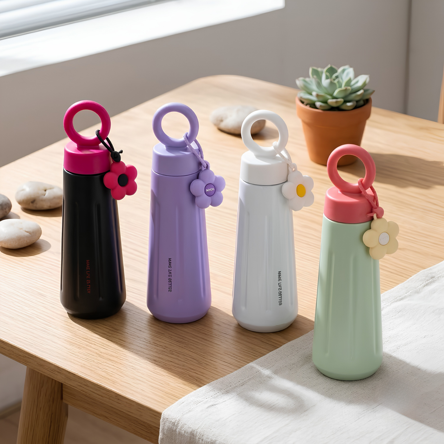 Flower Loop 450ml Water Bottle β Premium 316 Stainless Steel with Flower Charm & Carry Ring