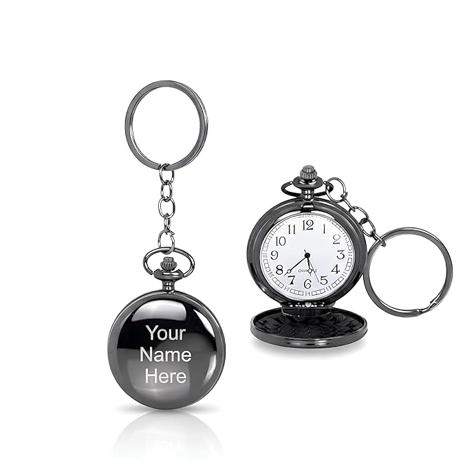 Personalized Antique Black Pocket Watch Keychain with Custom Engraving, Vintage Quartz Fob Watch Gift