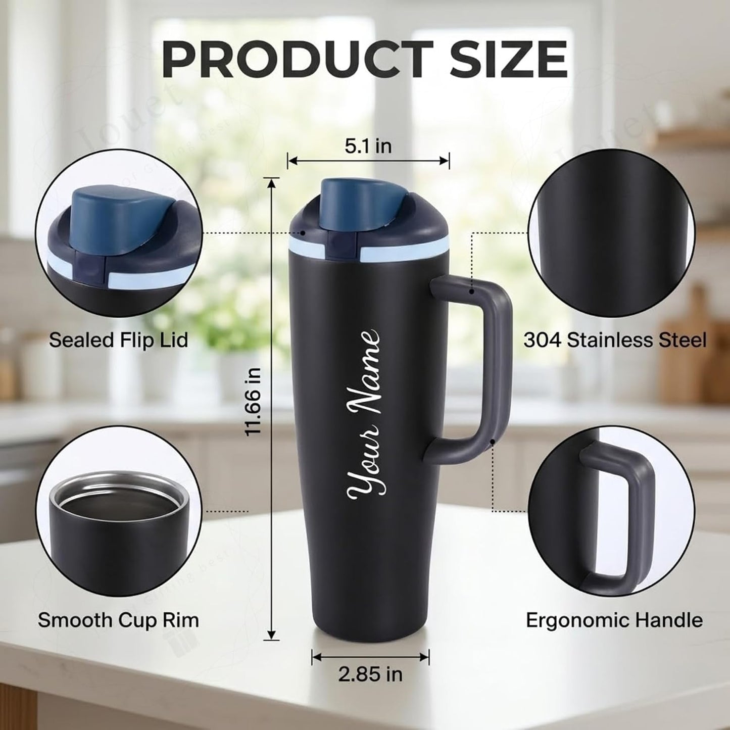 Personalized 1180ml Stainless Steel Tumbler with Name, Insulated Travel Mug with Handle & Spout Lid, Leak-Resistant Thermos