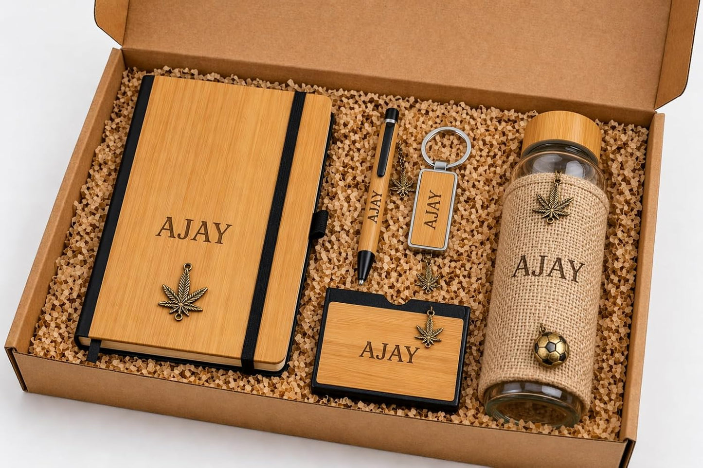 Personalized 5-in-1 Office Gift Set with Name & Charm, Notebook, Glass Bottle, Pen, Card Holder & Keychain,Corporate Gift