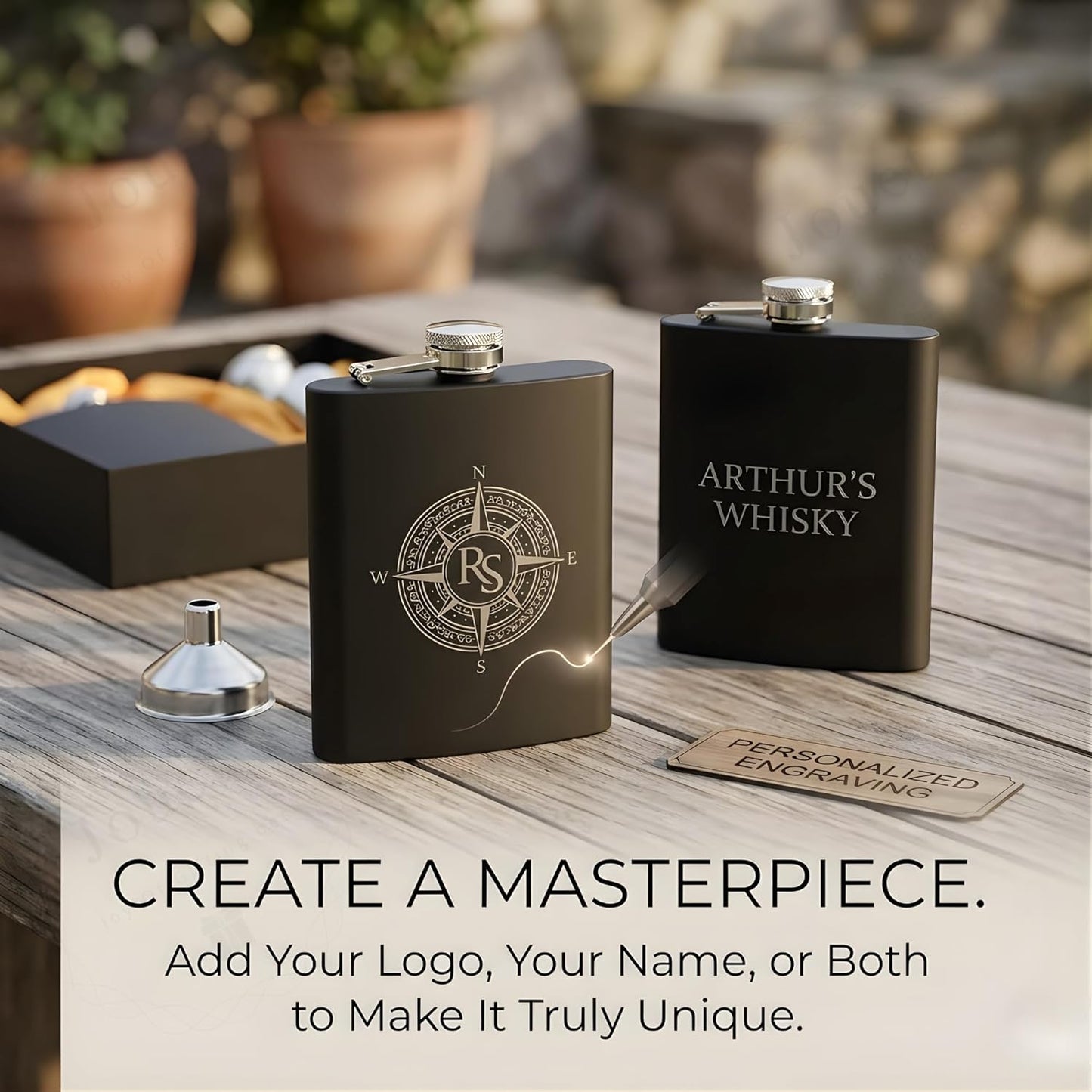 Personalized Black Stainless Steel Hip Flask Gift Set – 210ml Engraved Flask with 2 Shot Glasses & Funnel
