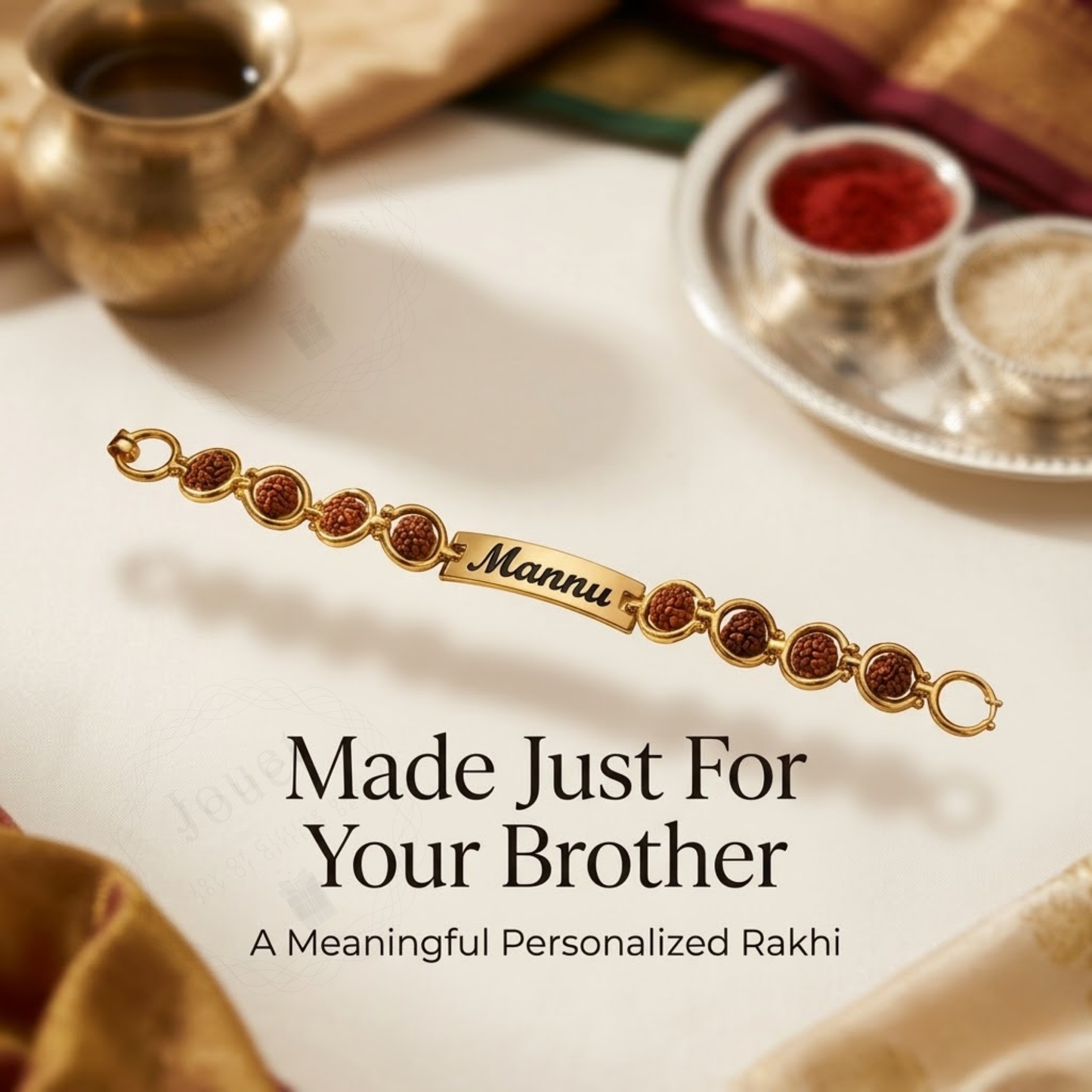 Personalized Rudraksha Rakhi Bracelet for Brother with Engraved Name Stainless Steel Bracelet