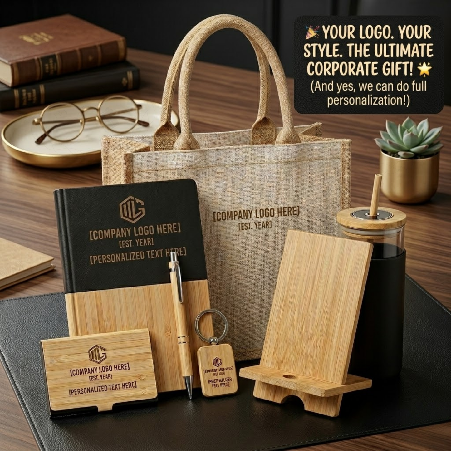 Customisable Bamboo Corporate Gift Set, 7-Piece Combo with Notebook, Pen, Tumbler, Jute Tote Bag, Phone Stand, Keychain, Card Holder
