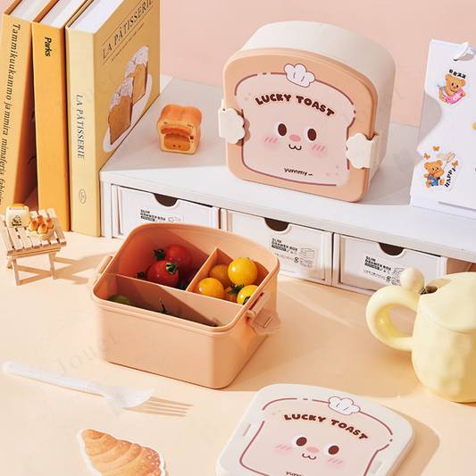 Toast-Shaped Kids Bento Lunch Box with Spoon & Fork | 3-Compartment Lunch Box for School