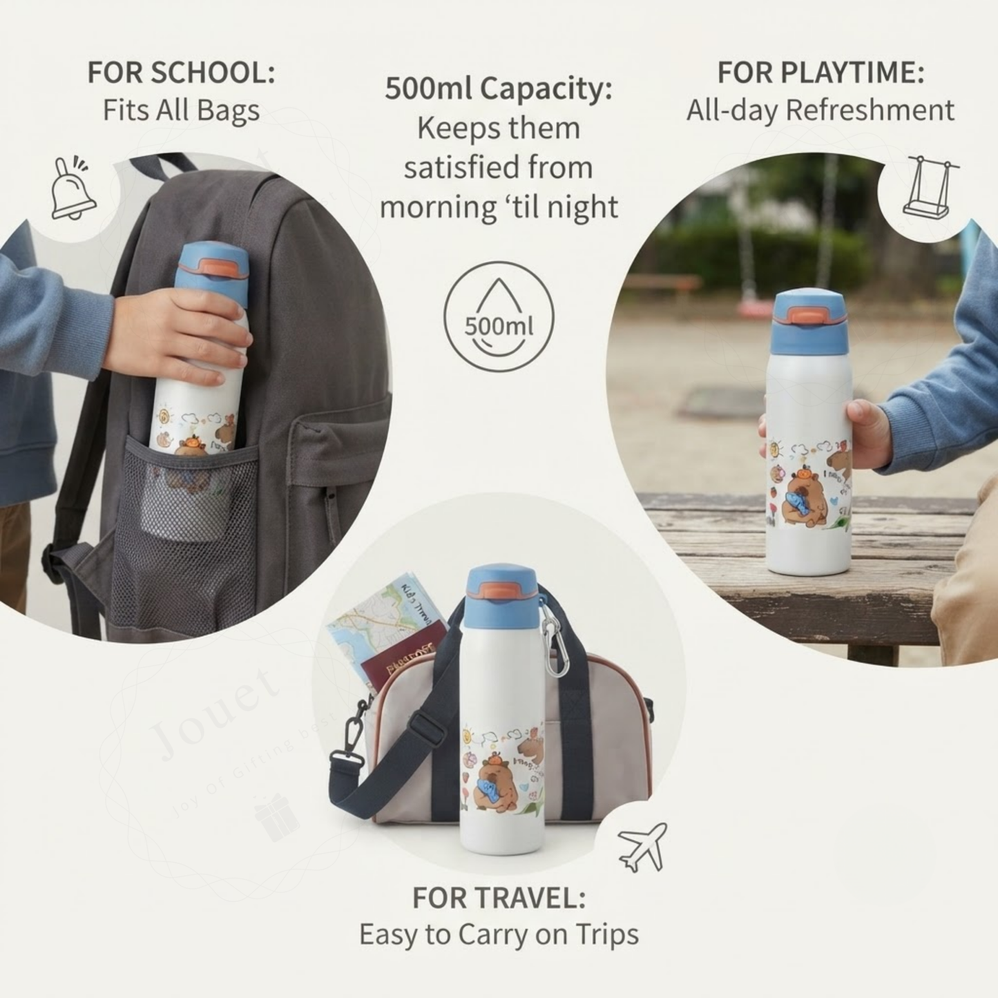 500ml Capybara Kids Stainless Steel Water Bottle with Flip Top Lid