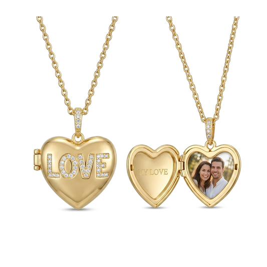 Personalized Heart Picture Locket Necklace for Women with Crystal Design, Stainless Steel Waterproof Custom Photo Pendant Gift for Her