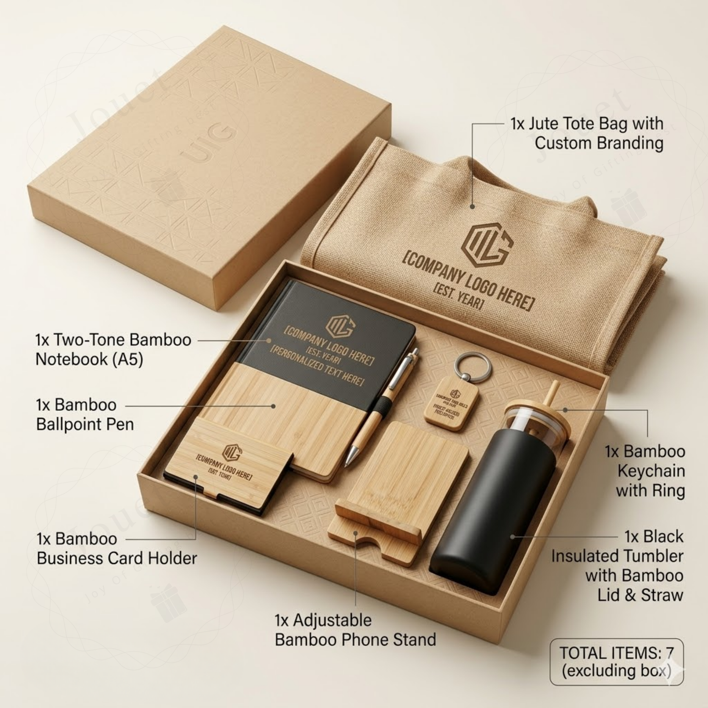 Customisable Bamboo Corporate Gift Set, 7-Piece Combo with Notebook, Pen, Tumbler, Jute Tote Bag, Phone Stand, Keychain, Card Holder