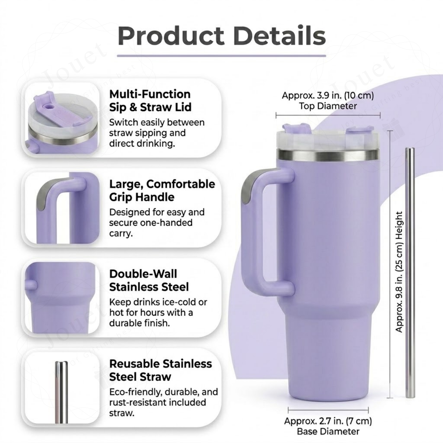 1200ml Insulated Stainless Steel Water Bottle with Handle, Steel Straw & Lid