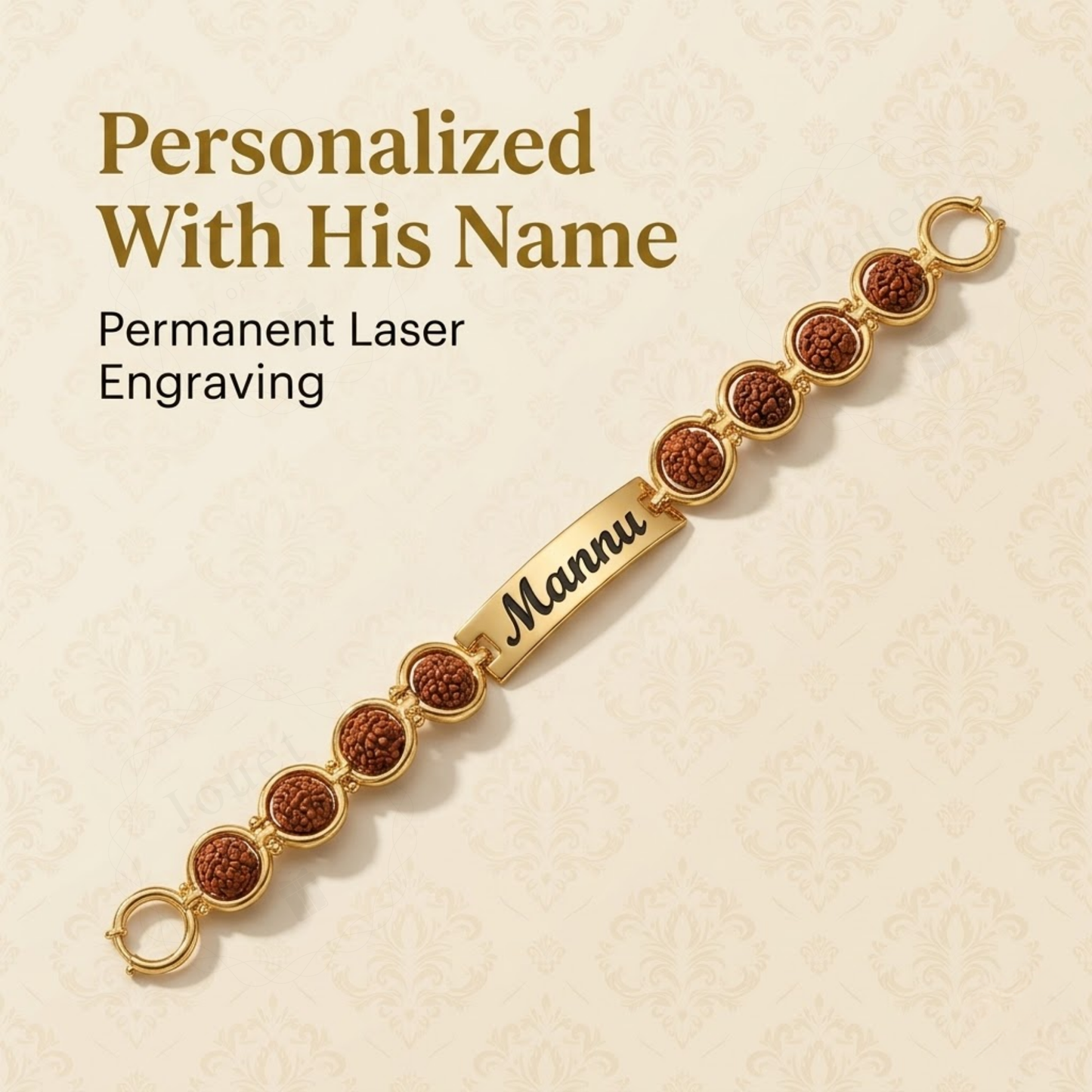 Personalized Rudraksha Rakhi Bracelet for Brother with Engraved Name Stainless Steel Bracelet