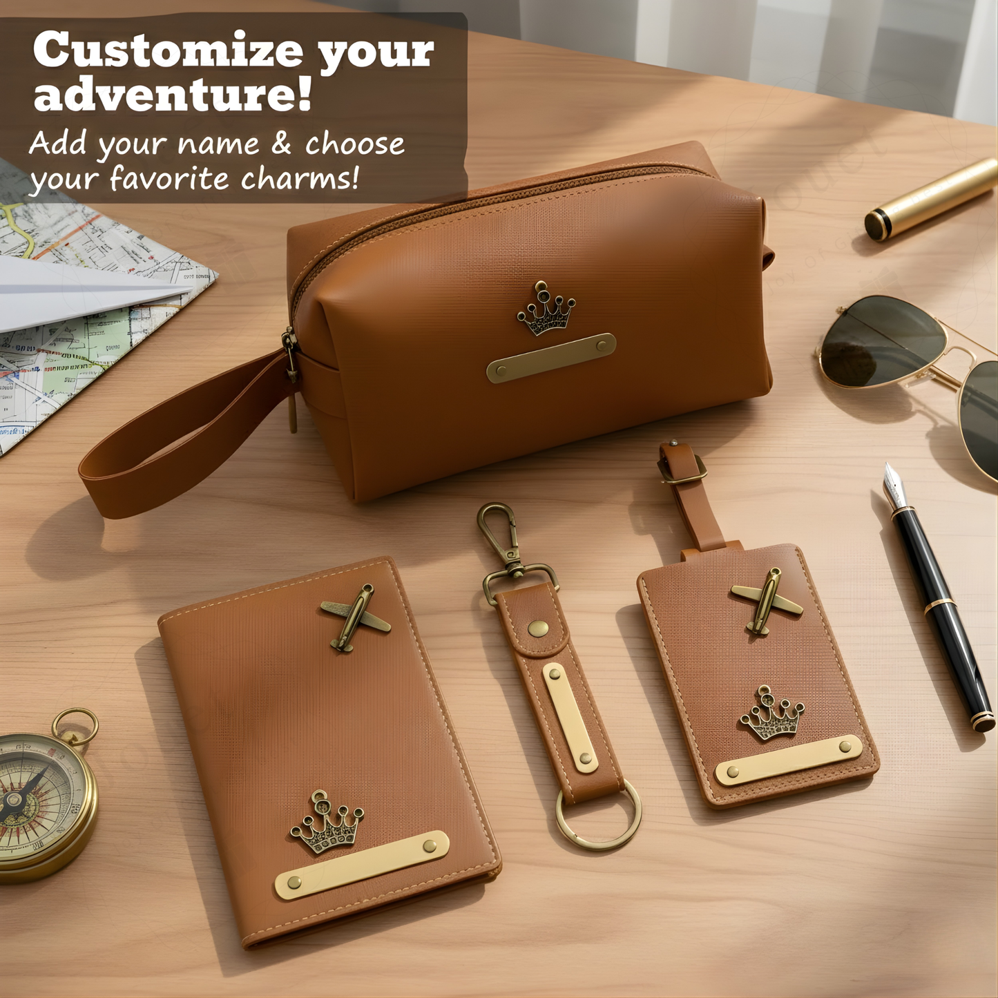 Personalized Travel Accessories Set with Passport Cover, Luggage Tag, Pouch & Keychain