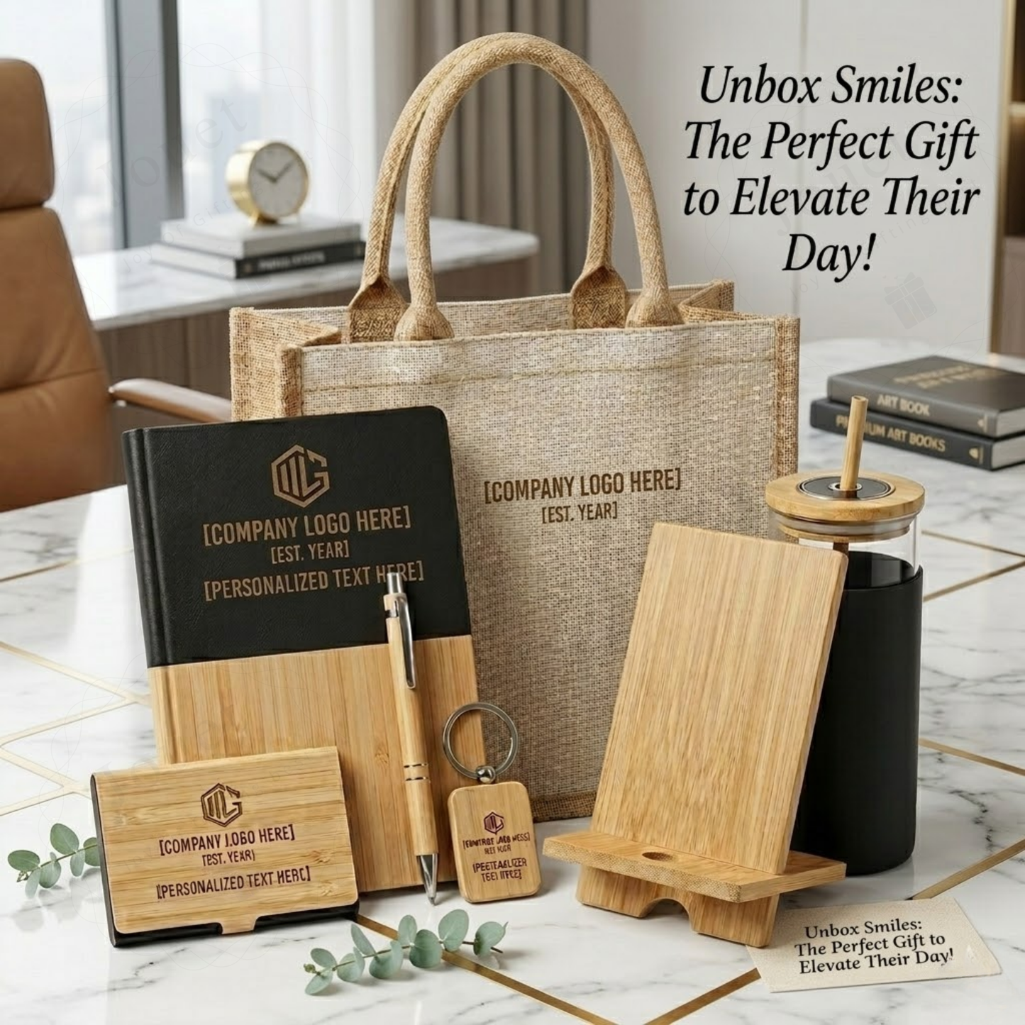 Customisable Bamboo Corporate Gift Set, 7-Piece Combo with Notebook, Pen, Tumbler, Jute Tote Bag, Phone Stand, Keychain, Card Holder