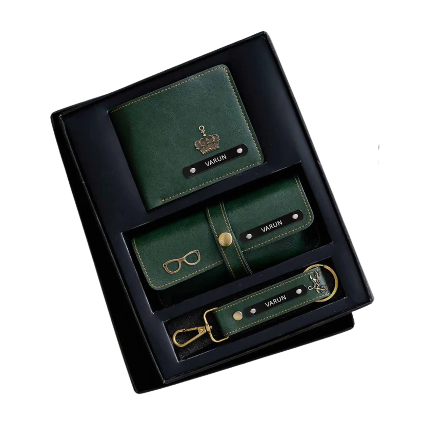 Personalized Men’s Leather Gift Set with Bi-Fold Wallet, Eyewear Case & Keychain, Custom Name Engraved Accessories Combo