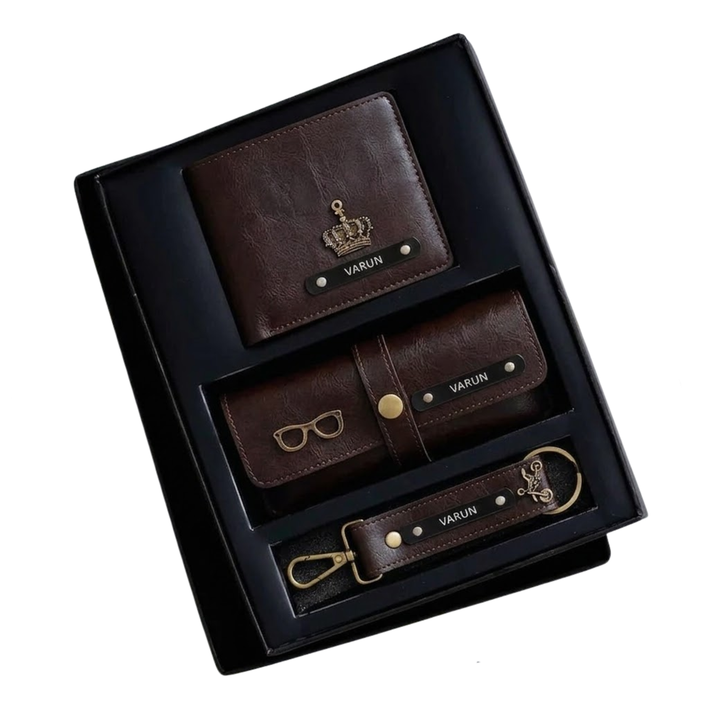 Personalized Men’s Leather Gift Set with Bi-Fold Wallet, Eyewear Case & Keychain, Custom Name Engraved Accessories Combo