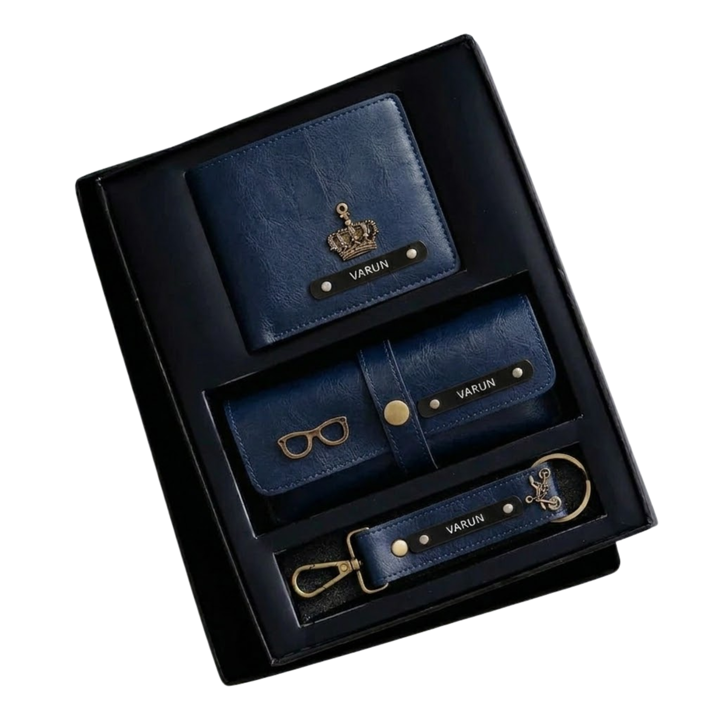 Personalized Men’s Leather Gift Set with Bi-Fold Wallet, Eyewear Case & Keychain, Custom Name Engraved Accessories Combo