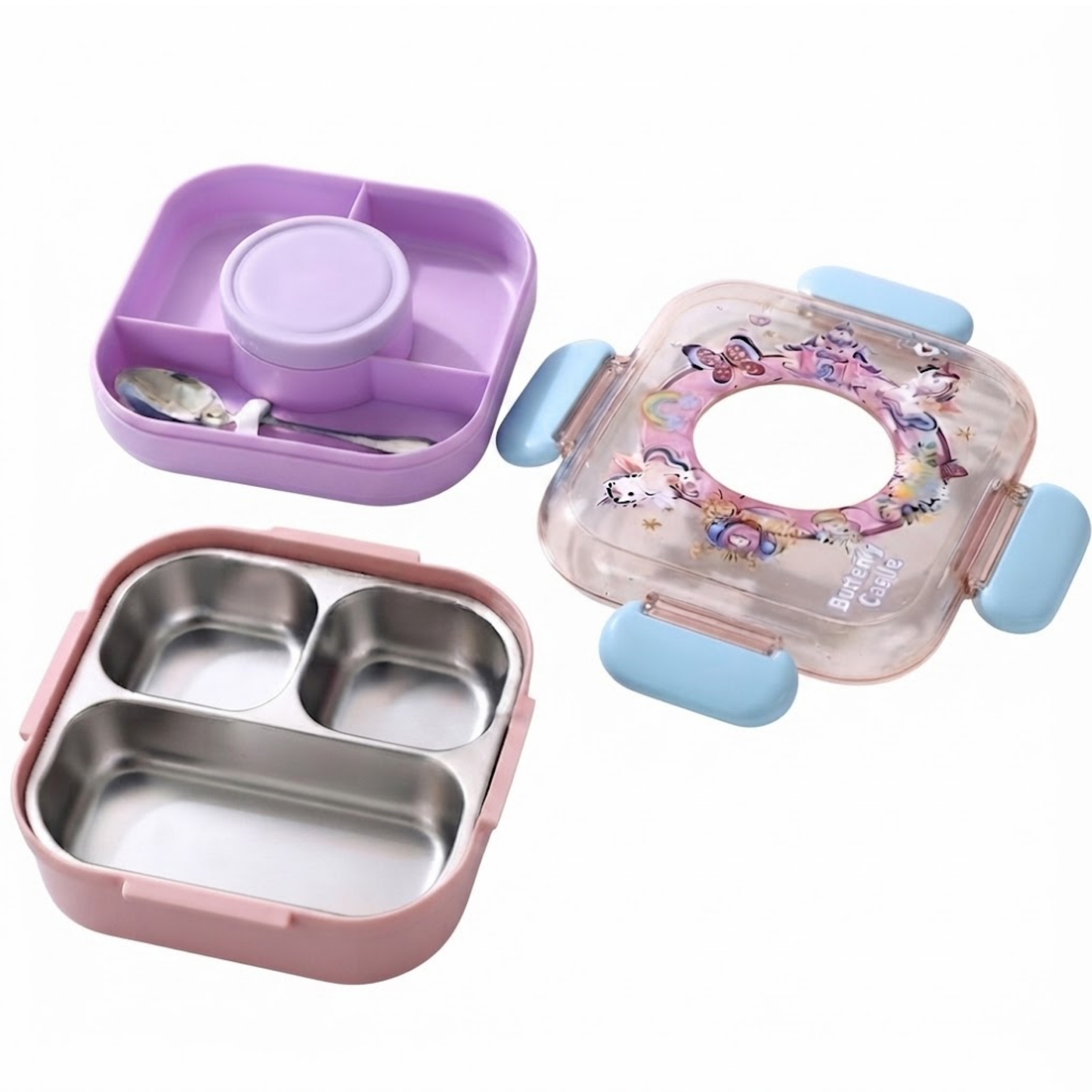 850ml Kids 3-Compartment Lunch Box with Spoon for School, Daycare & Travel