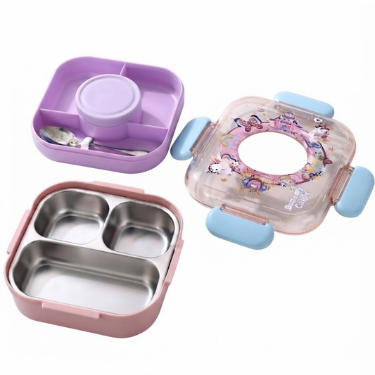 850ml Kids 3-Compartment Lunch Box with Spoon for School, Daycare & Travel