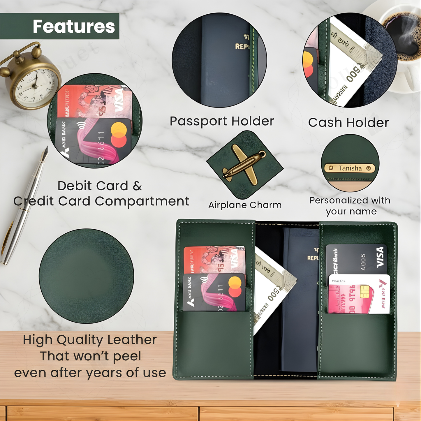 Personalized Travel Accessories Set with Passport Cover, Luggage Tag, Pouch & Keychain