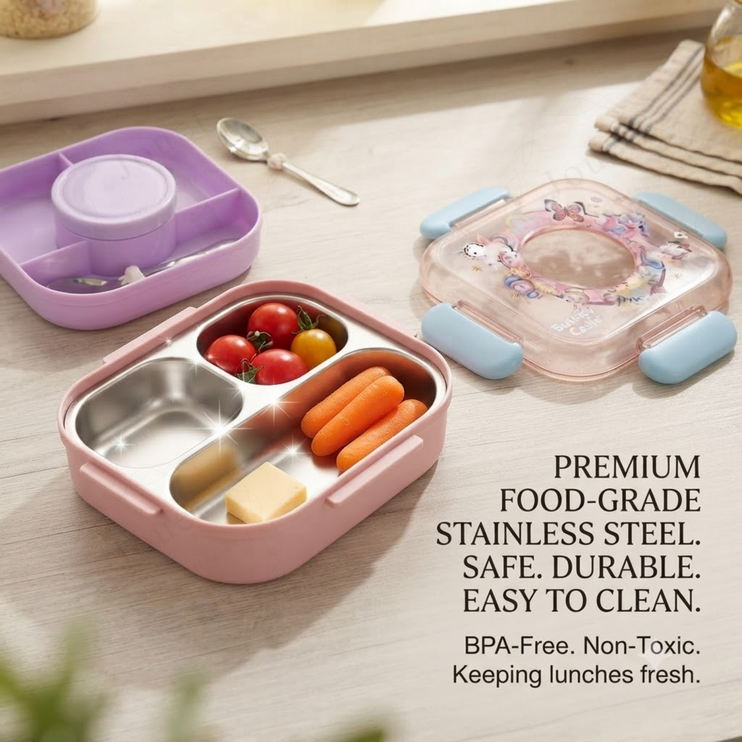 850ml Kids 3-Compartment Lunch Box with Spoon for School, Daycare & Travel