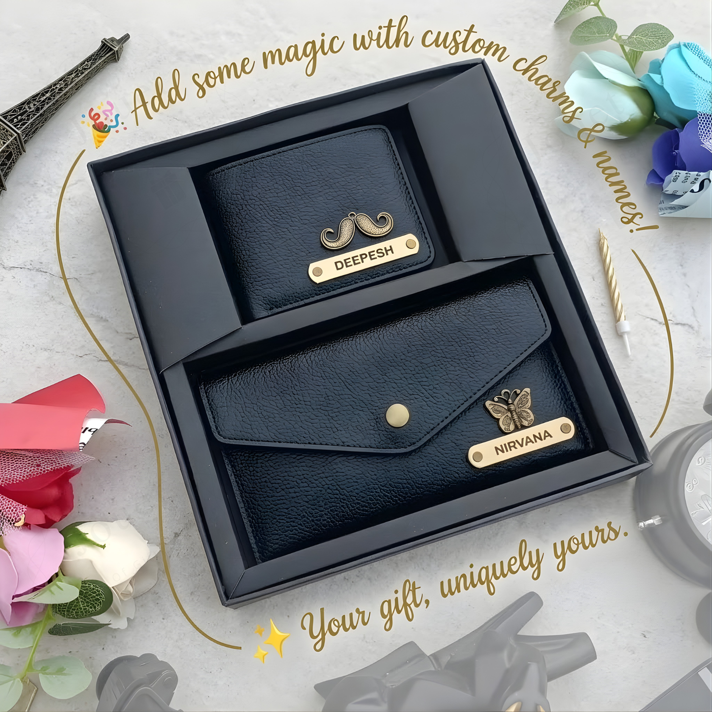 Personalized Couple Wallet & Clutch Set with Custom Name & Charms, Matching Gift Set for Him & Her