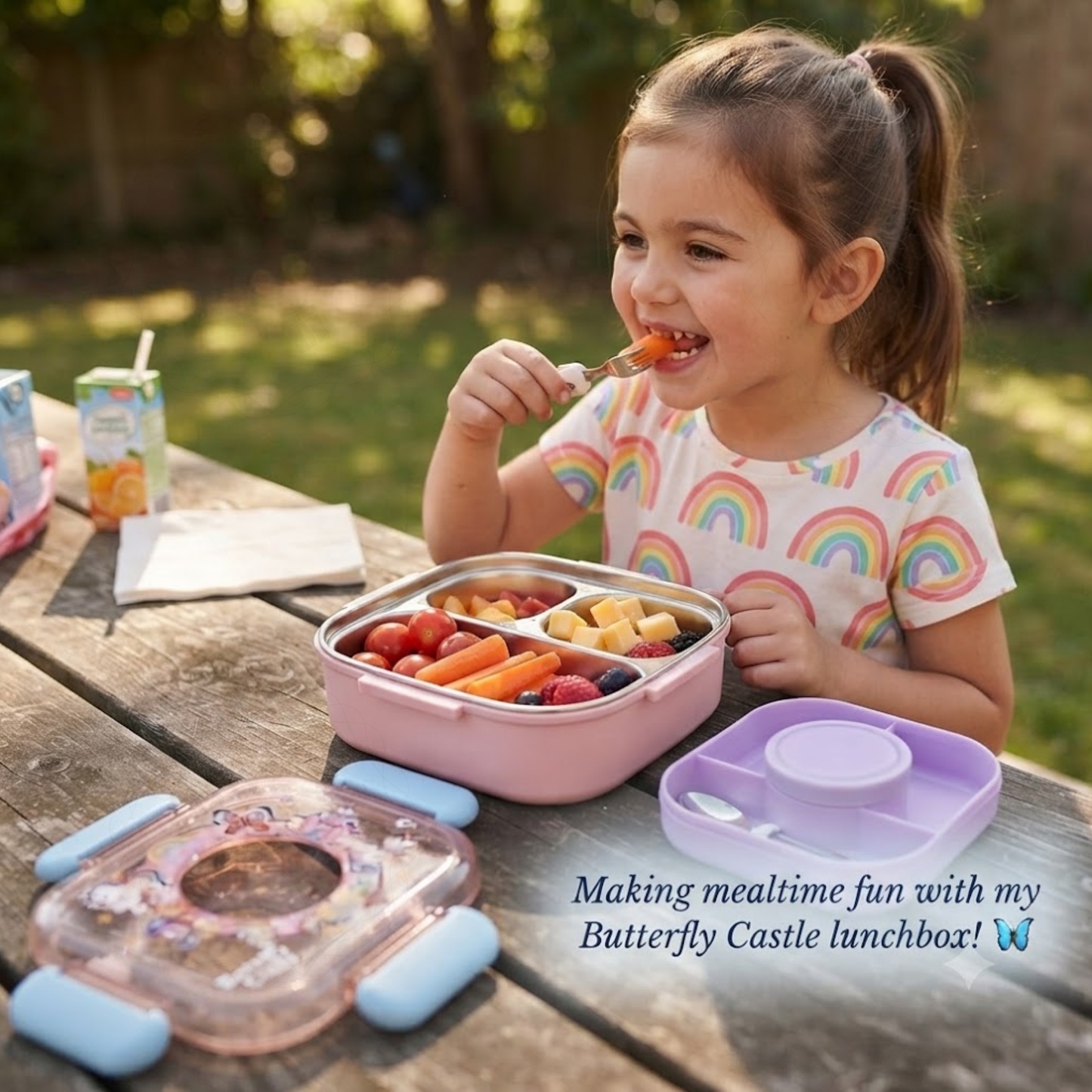 850ml Kids 3-Compartment Lunch Box with Spoon for School, Daycare & Travel