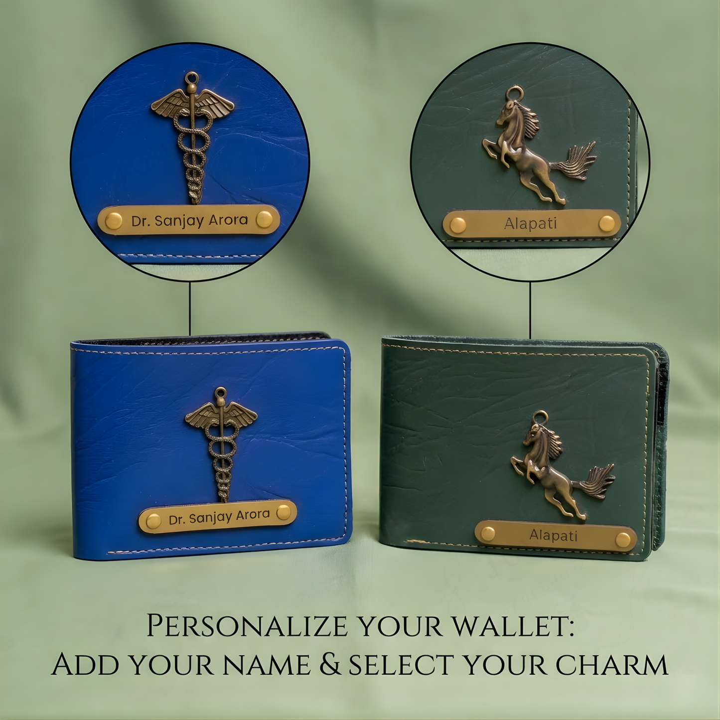 Personalized Leather Wallet for Men with Custom Name Plate & Charms, Compact Clutch Purse with Flap Closure and Multi Card Holder