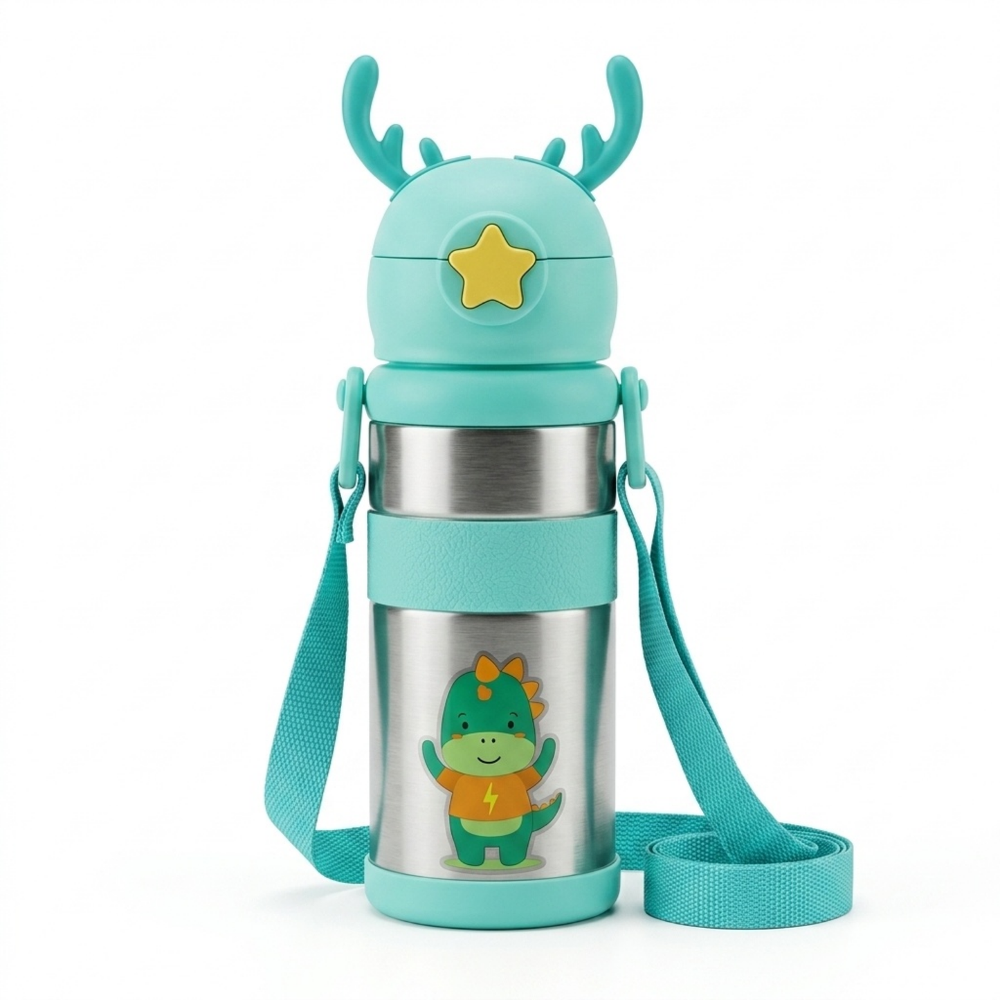 Kids Dinosaur Water Bottle 600ml – Stainless Steel Straw Sipper with Carry Strap