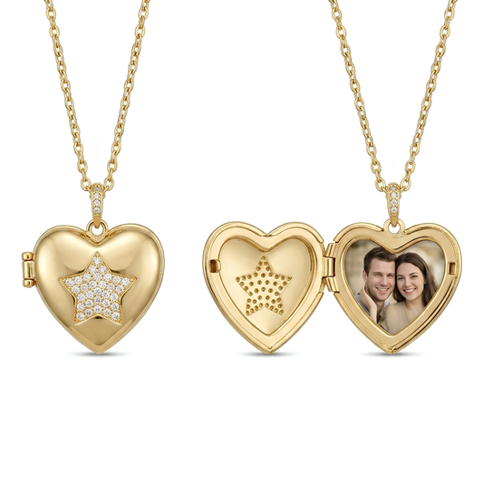 Personalized Heart Photo Locket Necklace for Women with Crystal Star Design, Stainless Steel Waterproof Custom Picture Pendant Gift for Her