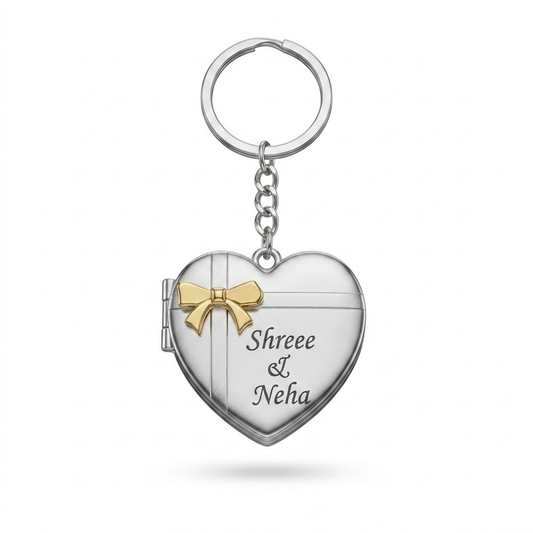 Personalised Heart Locket Keychain, Custom Name Photo, Silver with Gold Bow, Keepsake Gift