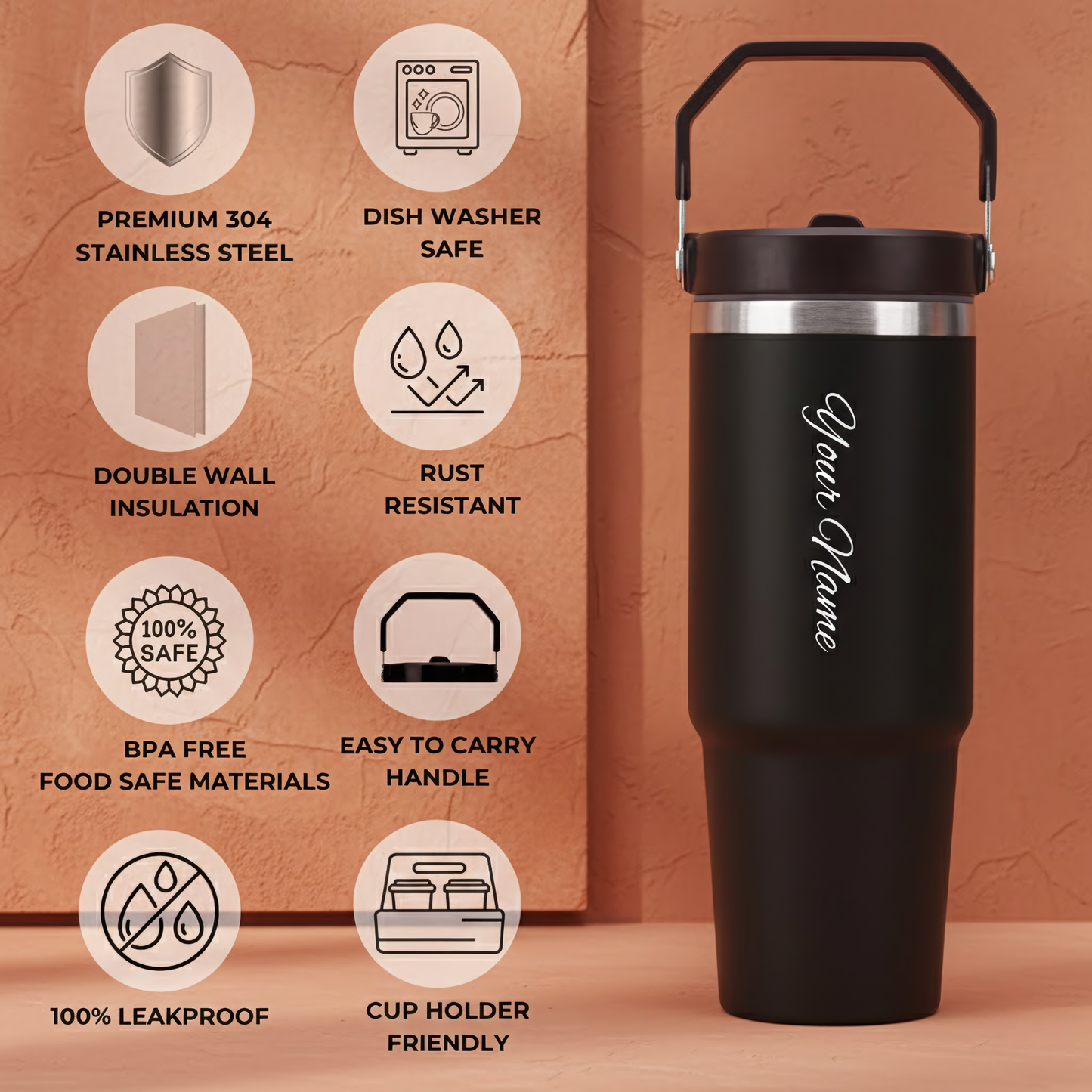 Custom Name Engraved Insulated Tumbler – 900ml Stainless Steel Travel Mug