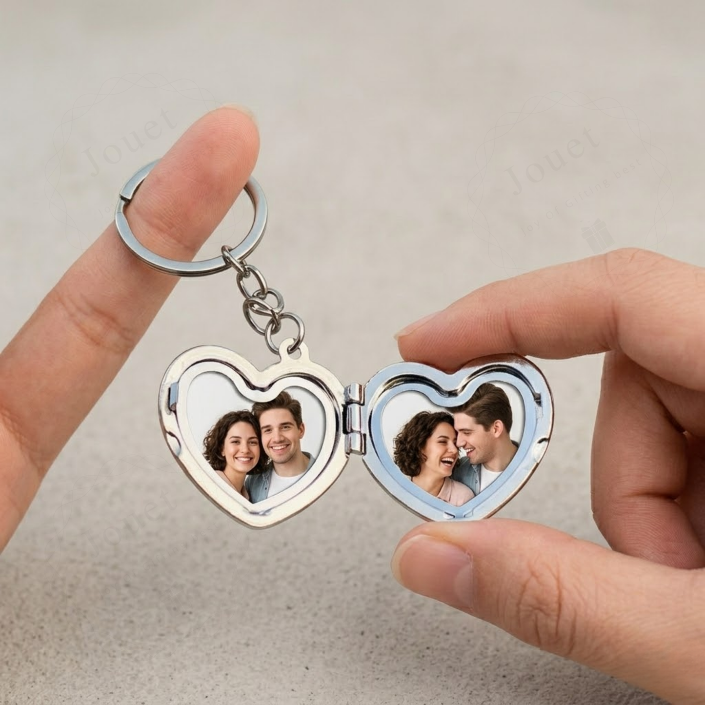 Personalised Heart Locket Keychain, Custom Name Photo, Silver with Gold Bow, Keepsake Gift