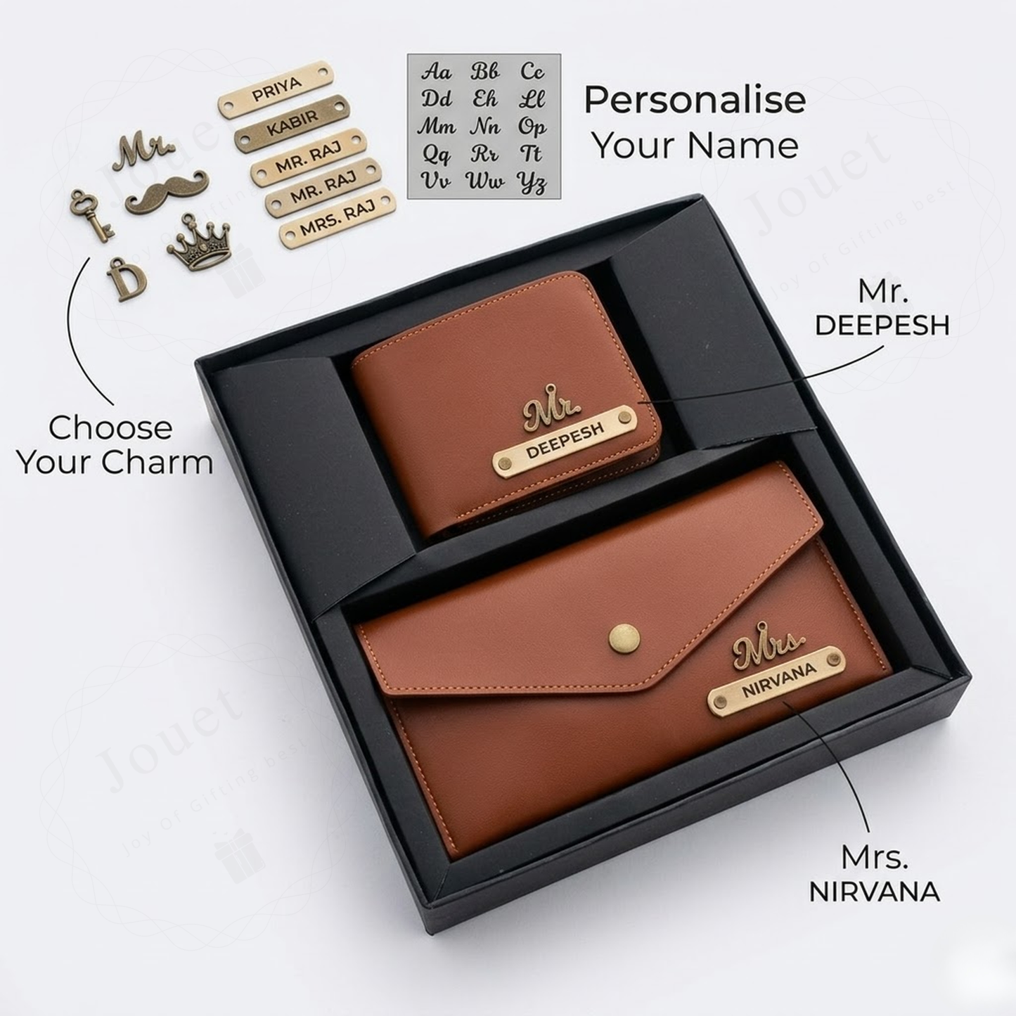 Personalized Couple Wallet & Clutch Set with Custom Name & Charms, Matching Gift Set for Him & Her
