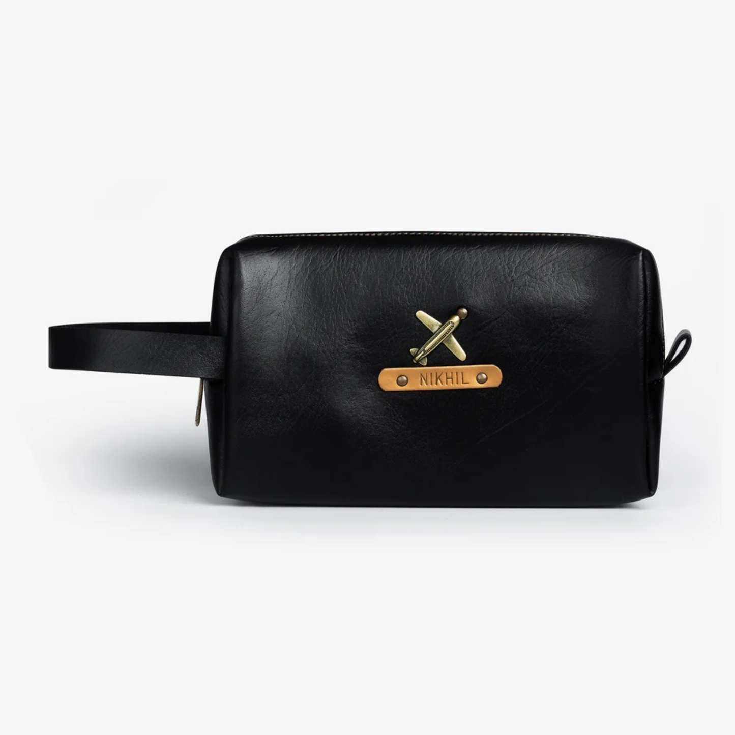 Personalized Synthetic Leather Travel Pouch with Custom Name Plate & Charm, Large Makeup and Toiletry Organizer