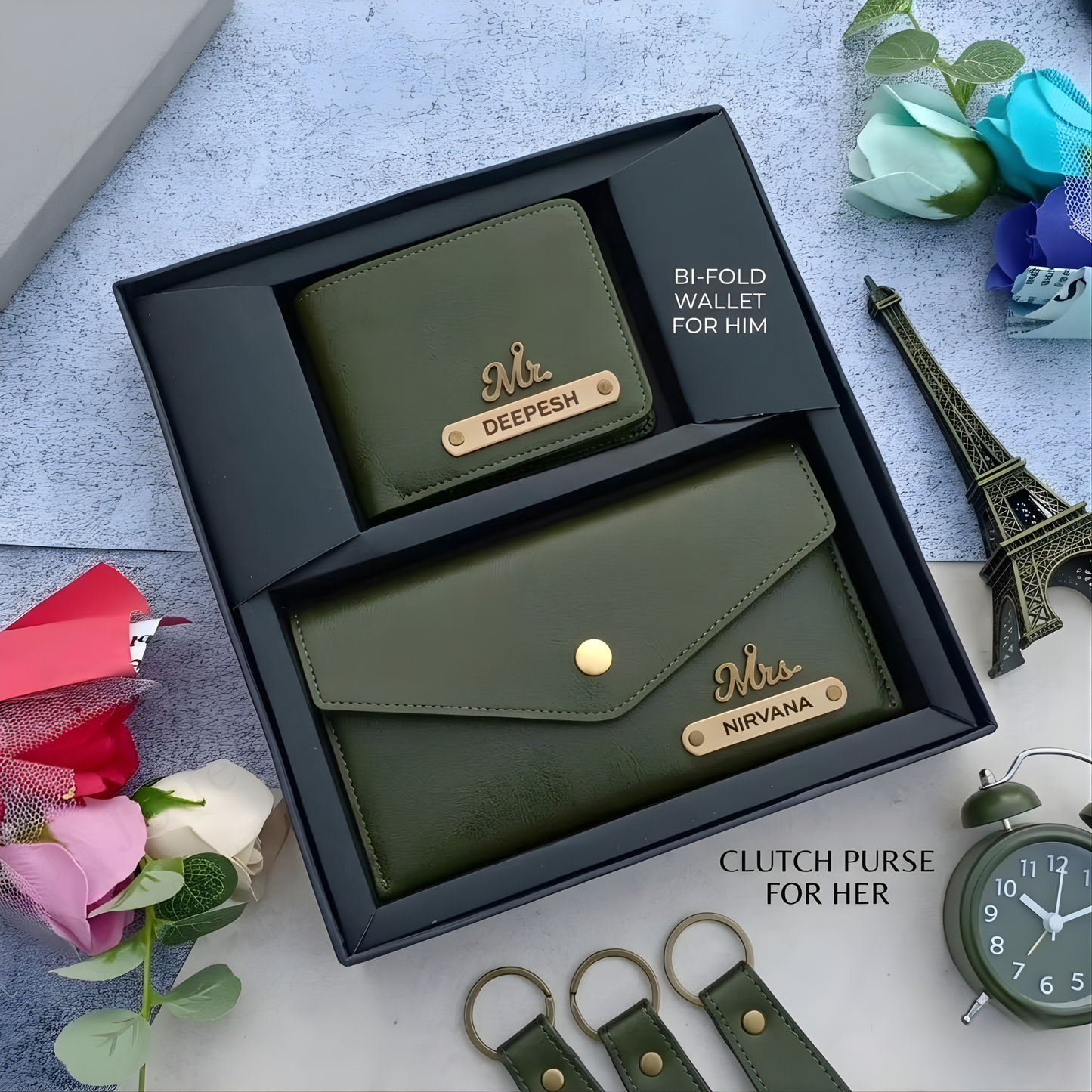 Personalized Couple Wallet & Clutch Set with Custom Name & Charms, Matching Gift Set for Him & Her