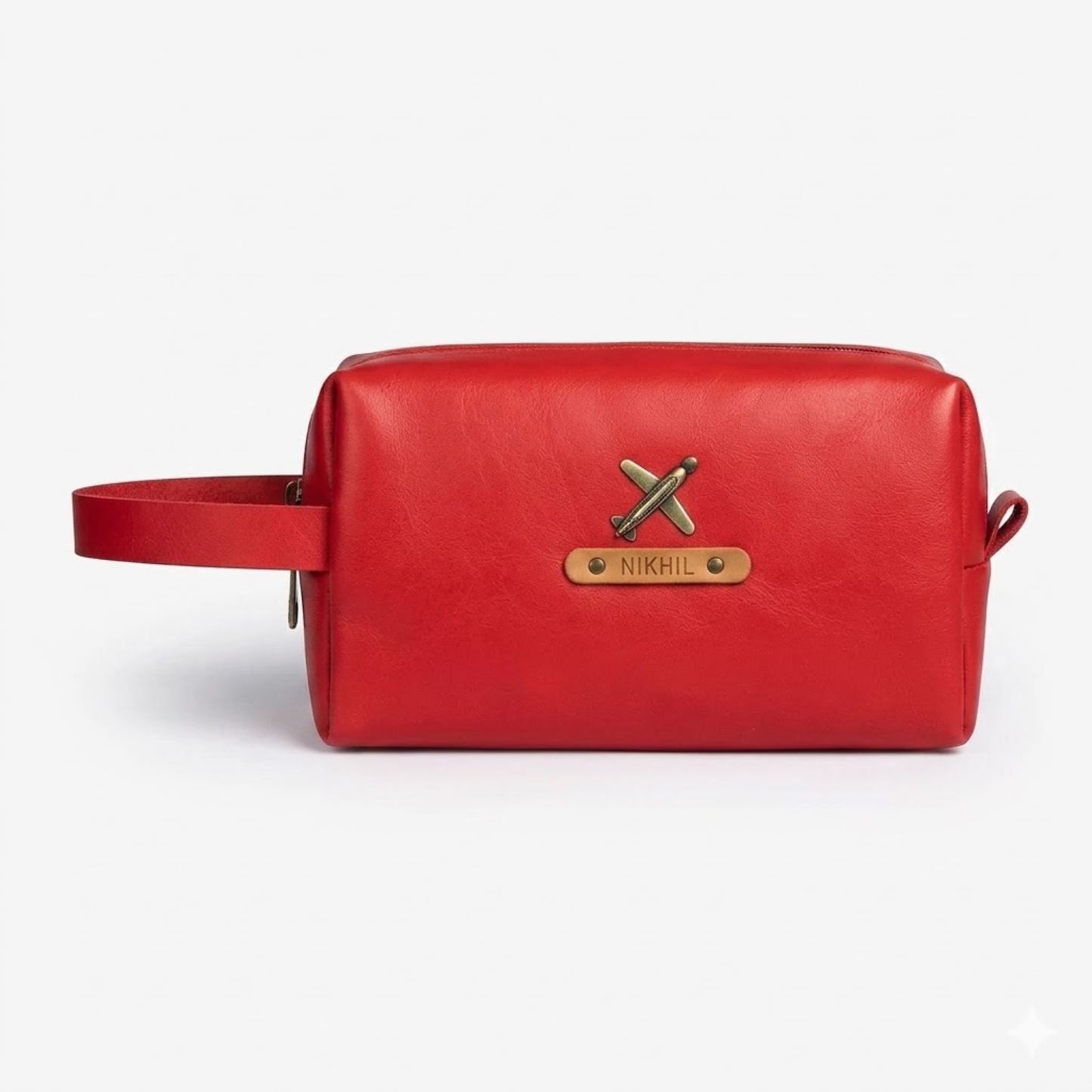 Personalized Synthetic Leather Travel Pouch with Custom Name Plate & Charm, Large Makeup and Toiletry Organizer
