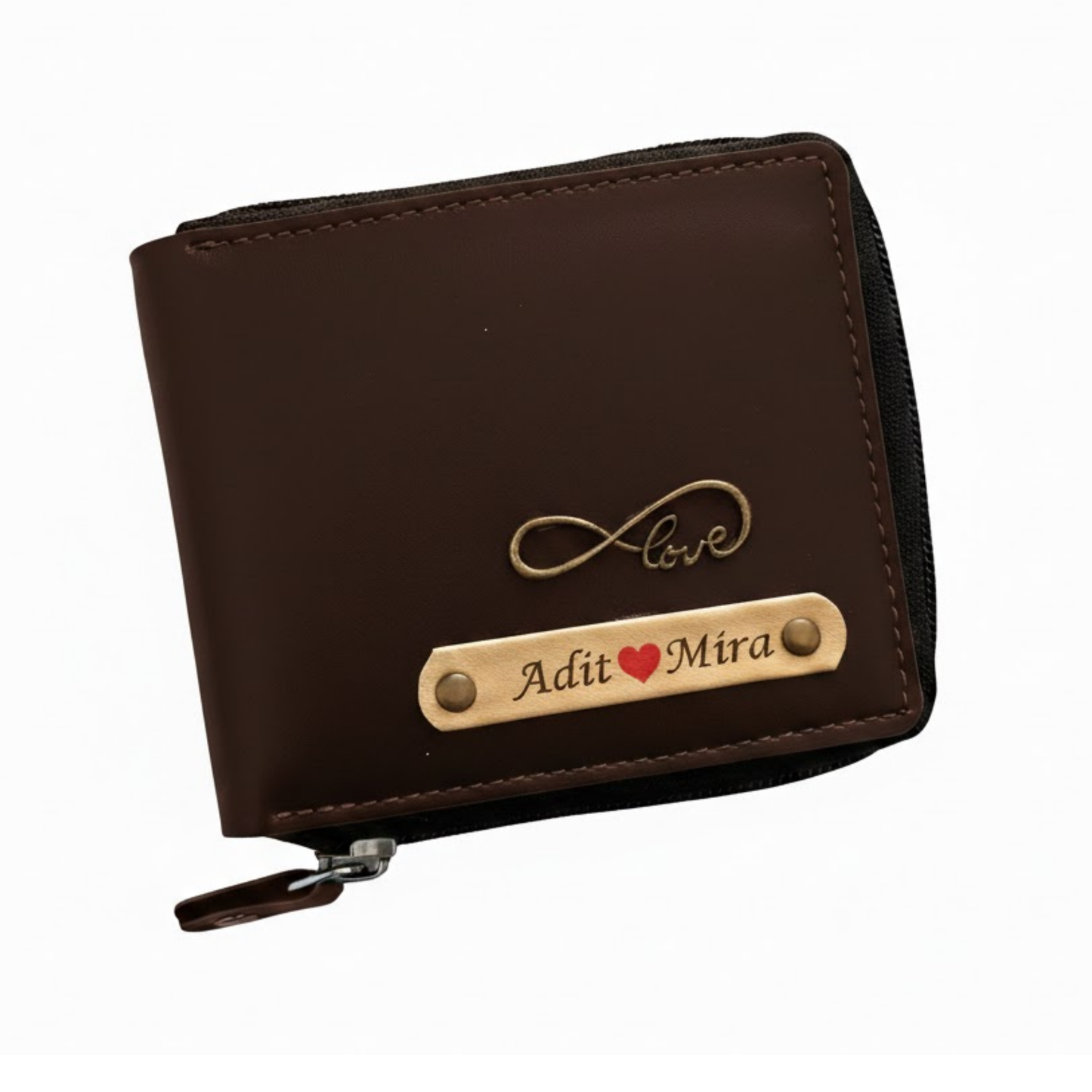 Personalized Men's Zipper Wallet with Custom Name Strip & Charm, Vegan Leather Card Holder