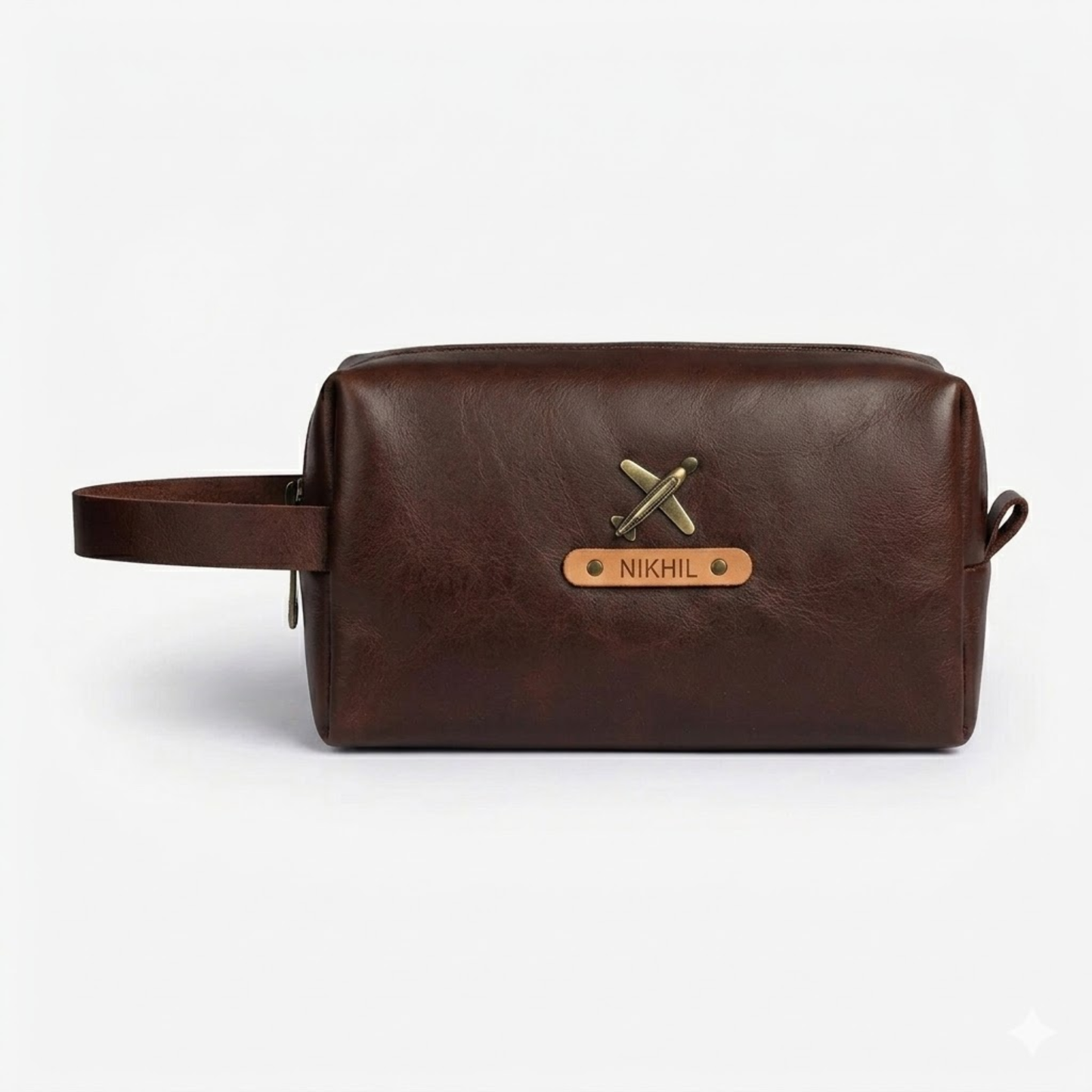 Personalized Synthetic Leather Travel Pouch with Custom Name Plate & Charm, Large Makeup and Toiletry Organizer