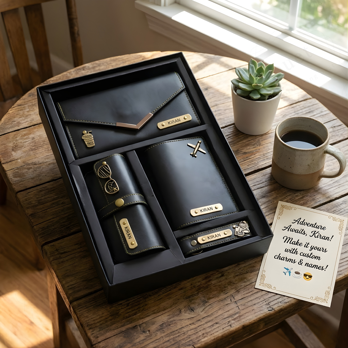Personalized Leather Travel Gift Set for Women with Wallet, Passport Cover & Keychain, Custom Name Engraved Charm Gift