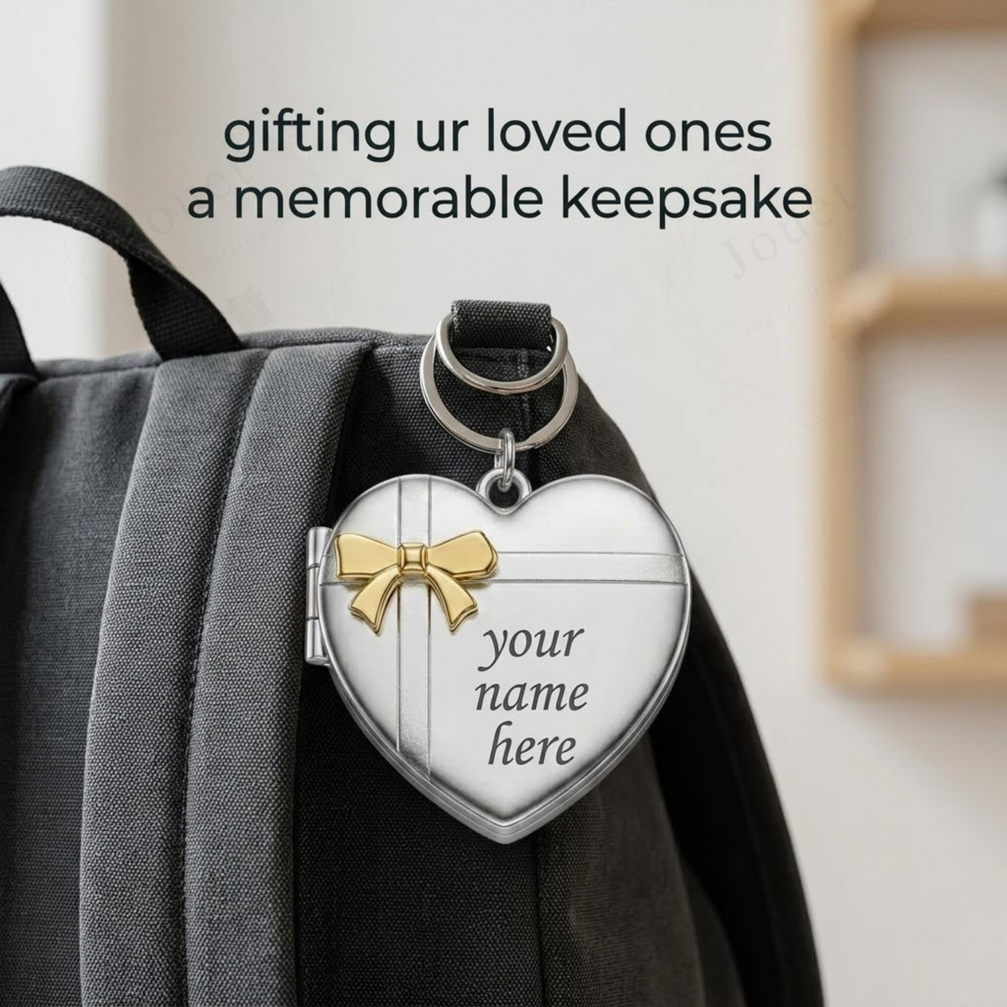 Personalised Heart Locket Keychain, Custom Name Photo, Silver with Gold Bow, Keepsake Gift