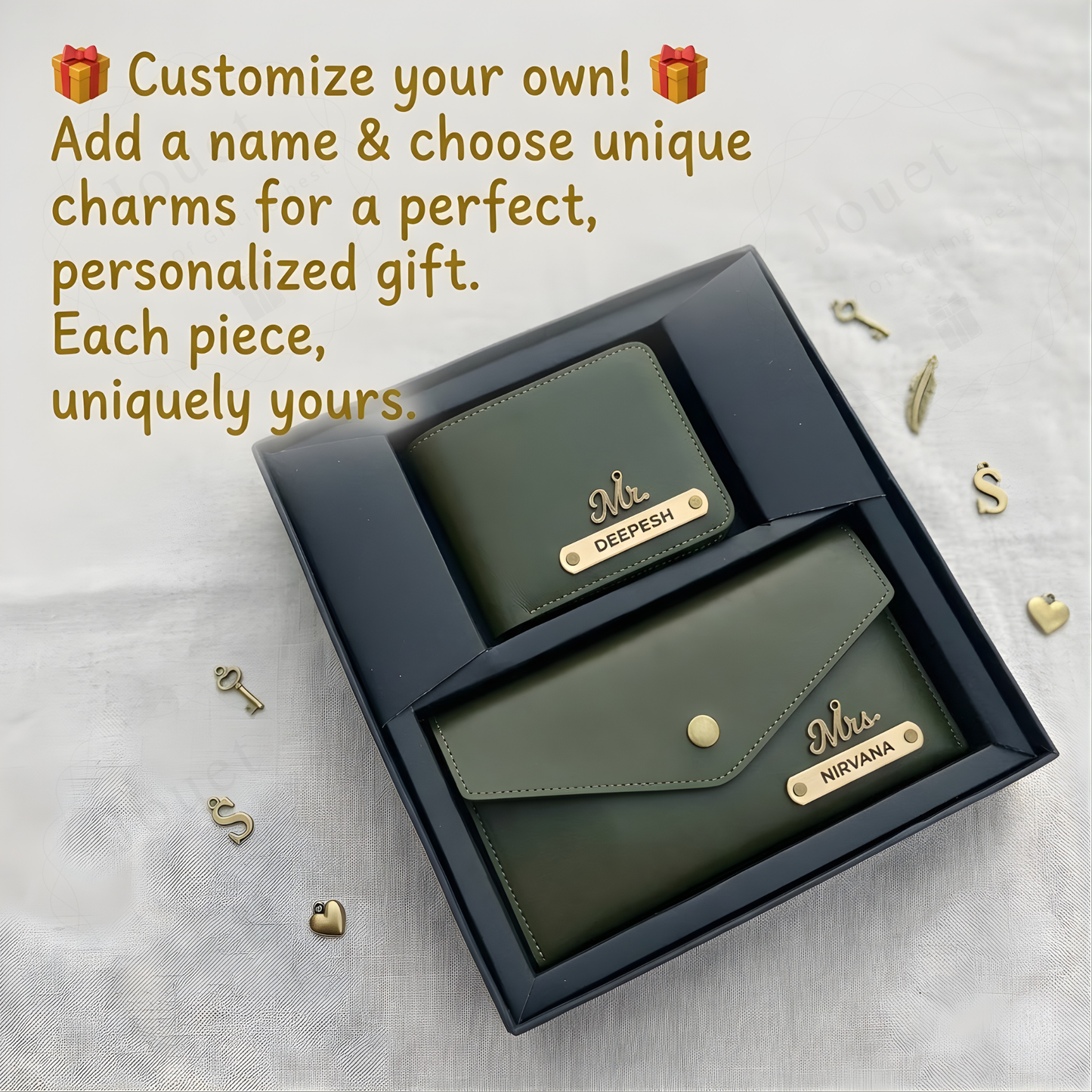 Personalized Couple Wallet & Clutch Set with Custom Name & Charms, Matching Gift Set for Him & Her