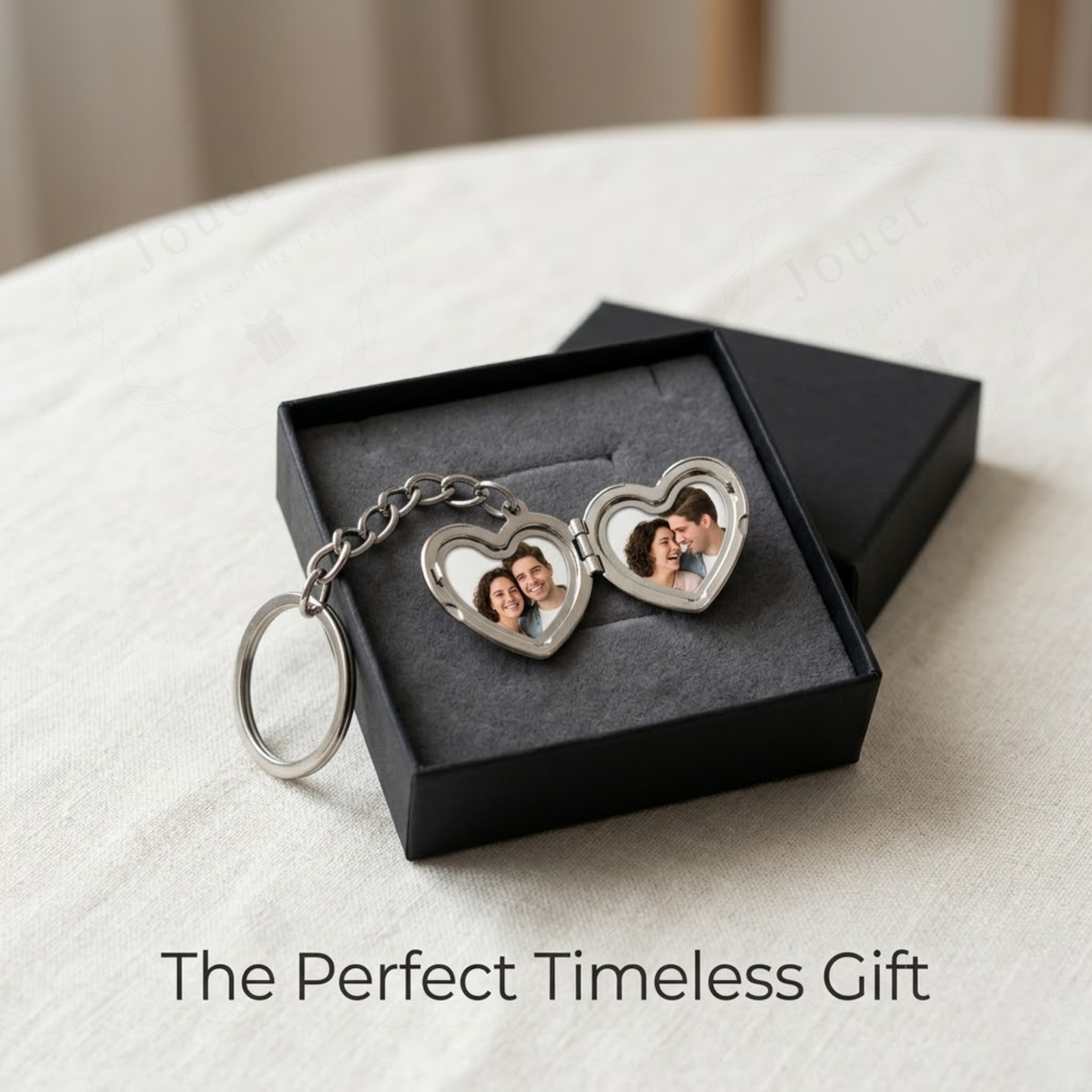 Personalised Heart Locket Keychain, Custom Name Photo, Silver with Gold Bow, Keepsake Gift