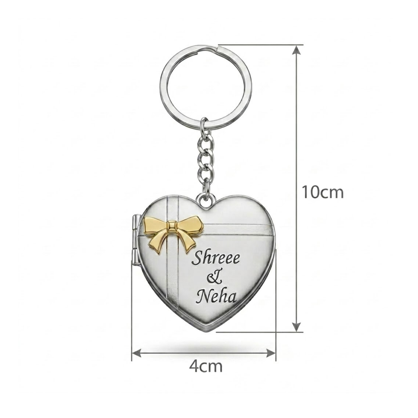 Personalised Heart Locket Keychain, Custom Name Photo, Silver with Gold Bow, Keepsake Gift