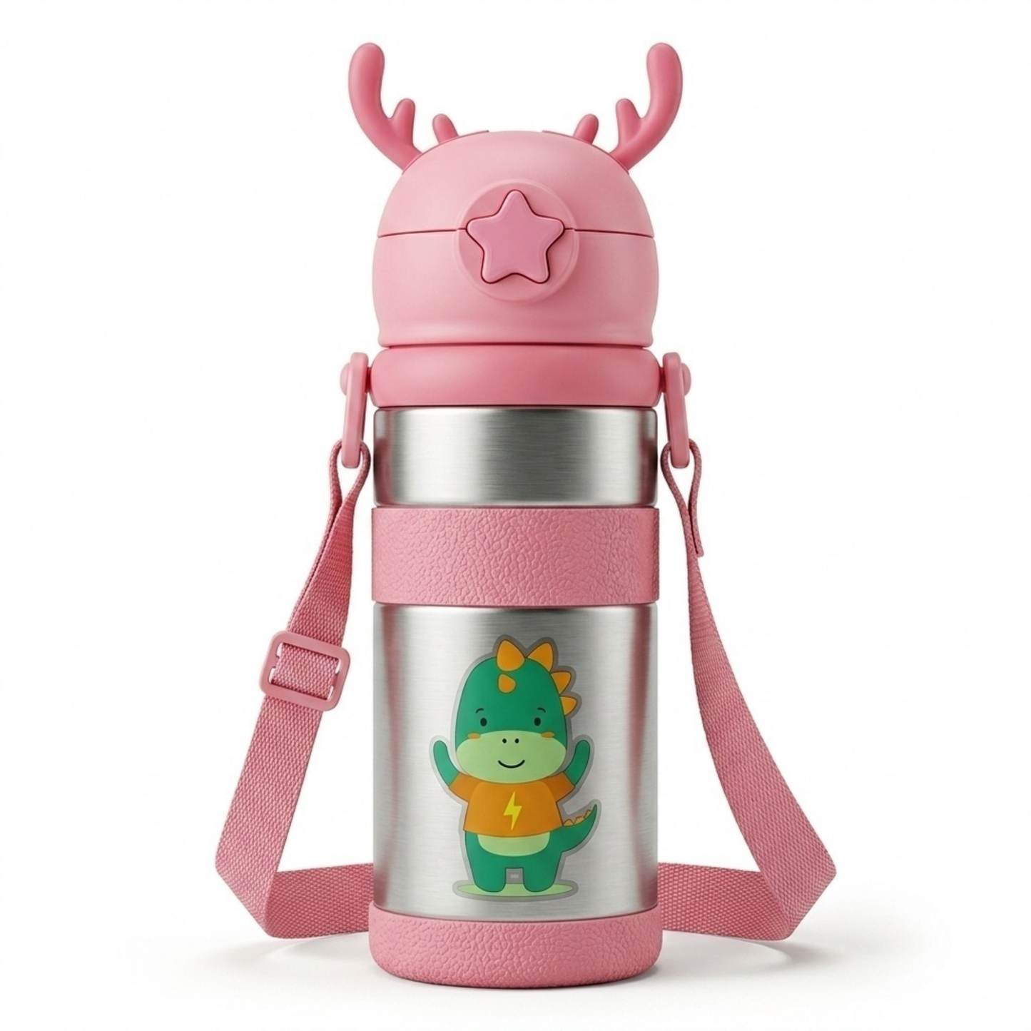 Kids Dinosaur Water Bottle 600ml – Stainless Steel Straw Sipper with Carry Strap