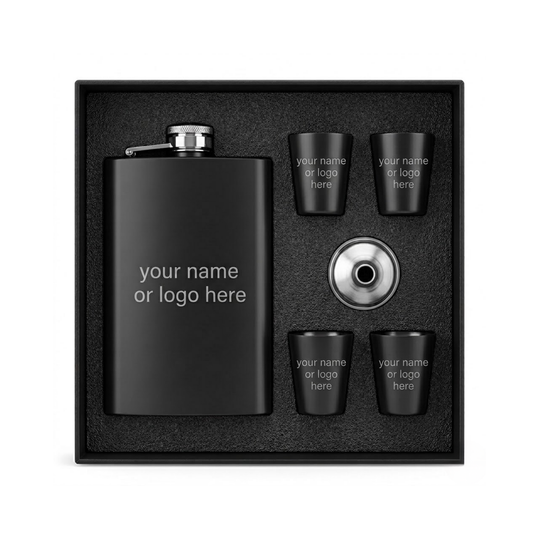 Personalised Engraved Hip Flask Gift Set, Stainless Steel, Matte Black, 240 ml, with 4 Shot Glasses and Funnel