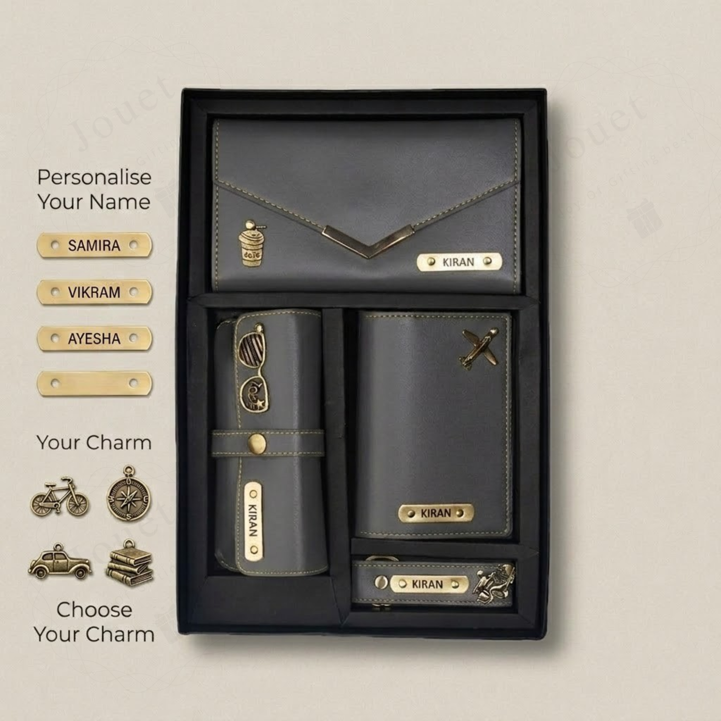Personalized Leather Travel Gift Set for Women with Wallet, Passport Cover & Keychain, Custom Name Engraved Charm Gift