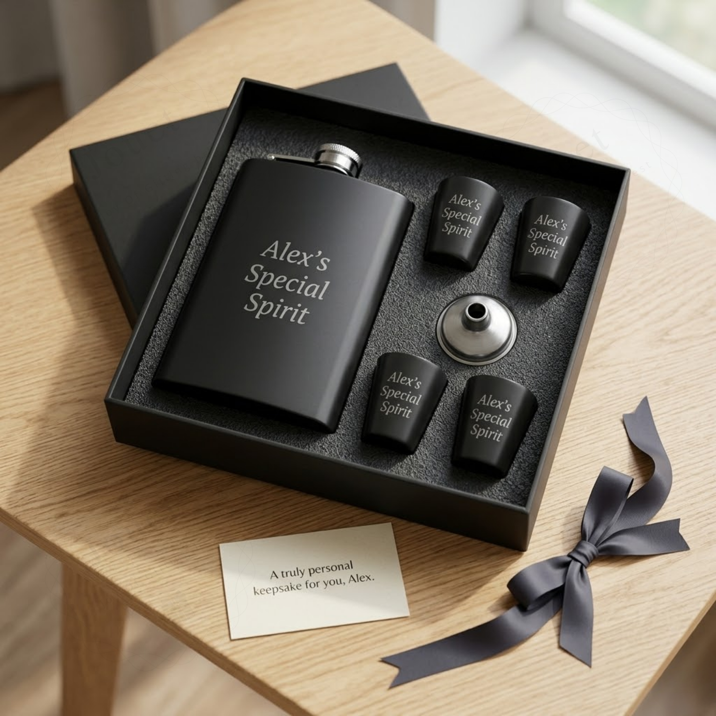 Personalised Engraved Hip Flask Gift Set, Stainless Steel, Matte Black, 240 ml, with 4 Shot Glasses and Funnel