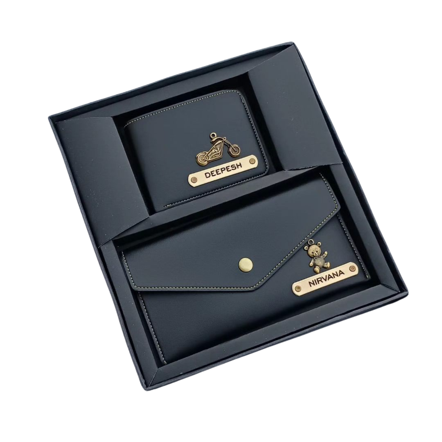 Personalized Couple Wallet & Clutch Set with Custom Name & Charms, Matching Gift Set for Him & Her