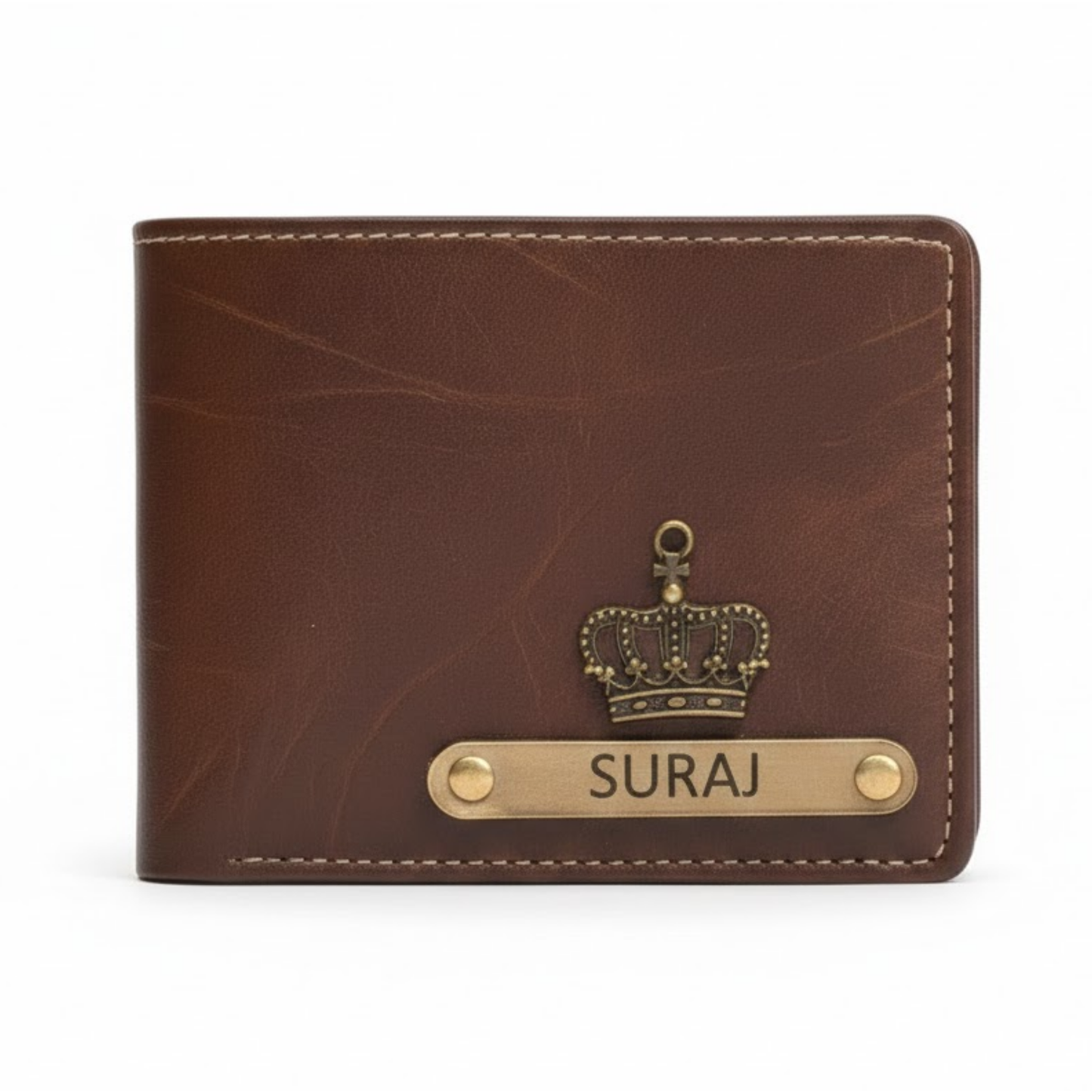 Personalized Leather Wallet for Men with Custom Name Plate & Charms, Compact Clutch Purse with Flap Closure and Multi Card Holder