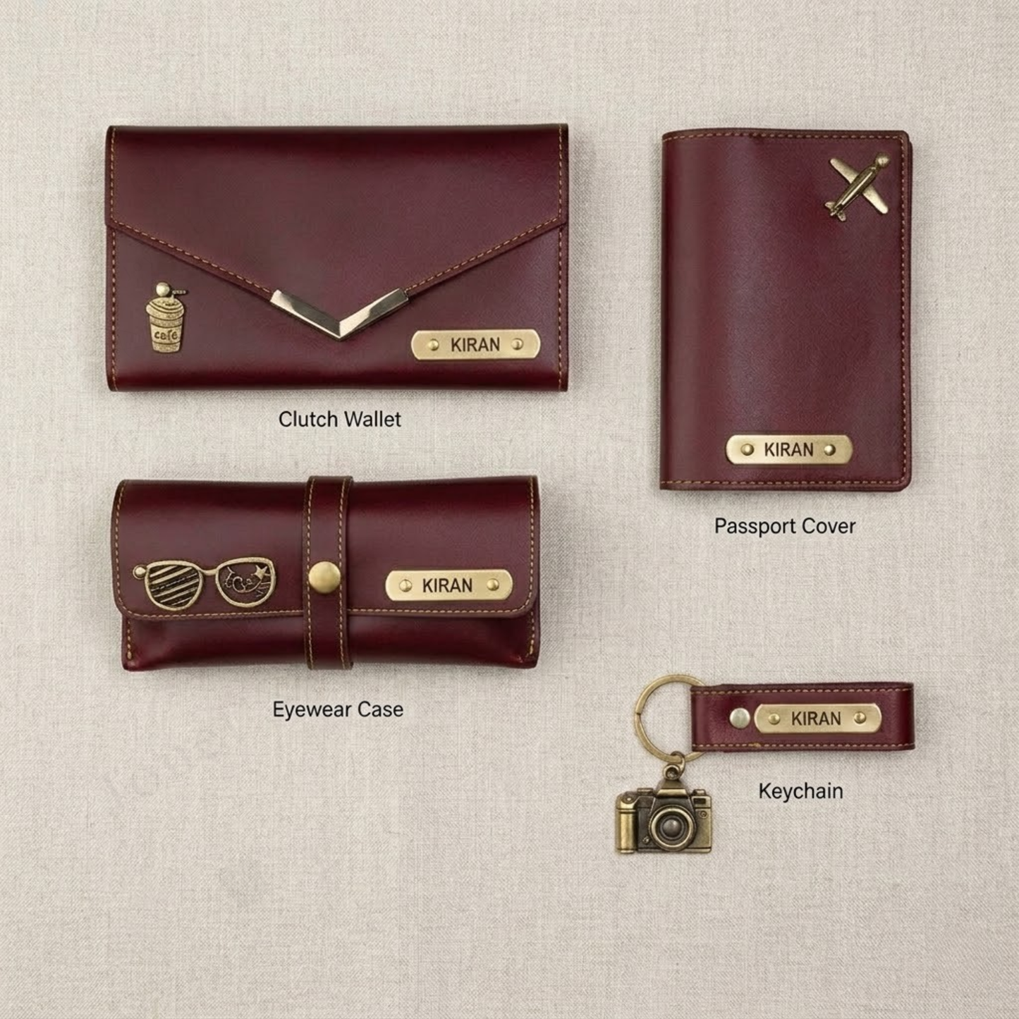 Personalized Leather Travel Gift Set for Women with Wallet, Passport Cover & Keychain, Custom Name Engraved Charm Gift